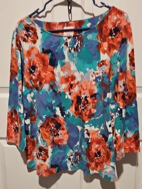 Ruby Rd. Teal, Orange & Purple Floral Scoop-Neck Long Sleeve Top